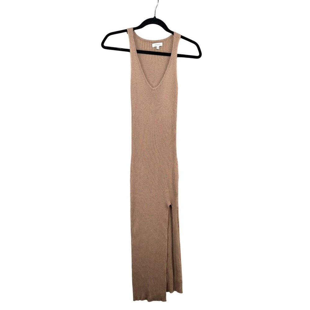 Be Better Dress Womens Size S Tan Plunge Neutral Midi Ribbed Sweater High Slit